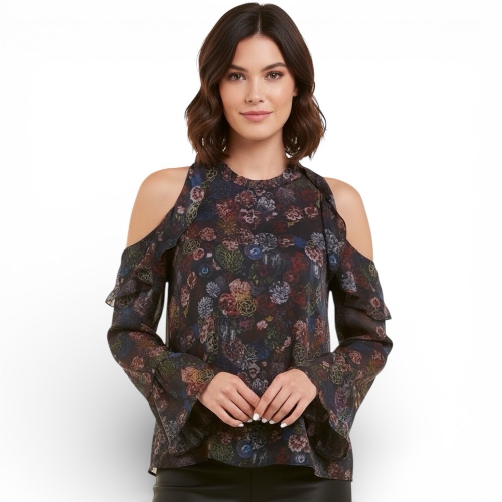 IRO 100% Silk Floral Cold Shoulder Top Size 2 Long Sleeve Whimsy Blouse